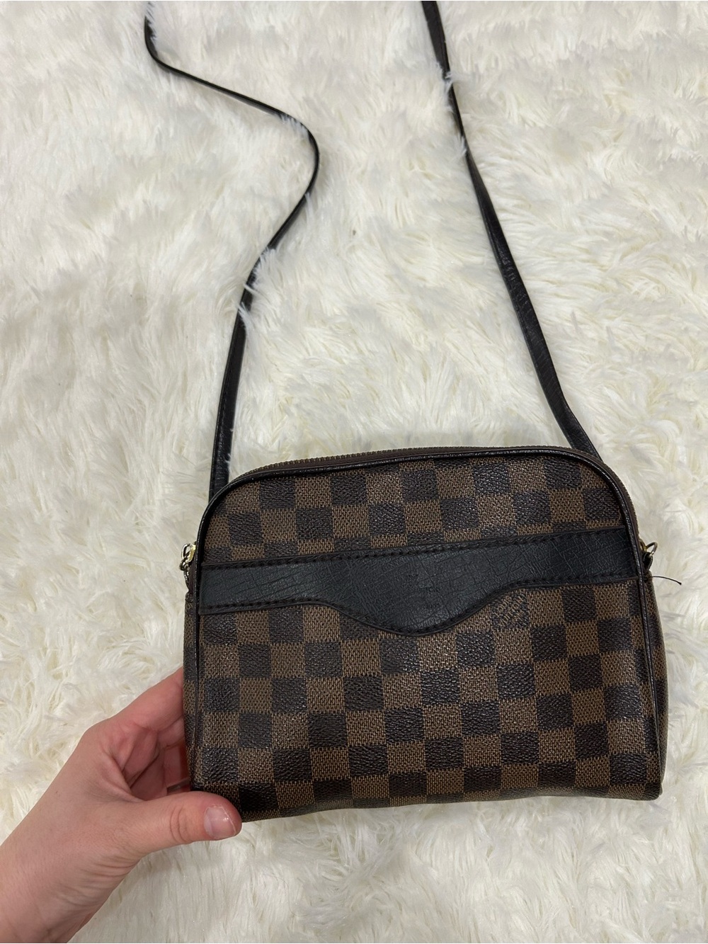 Brown Checkered Crossbody Bag with Black Trim